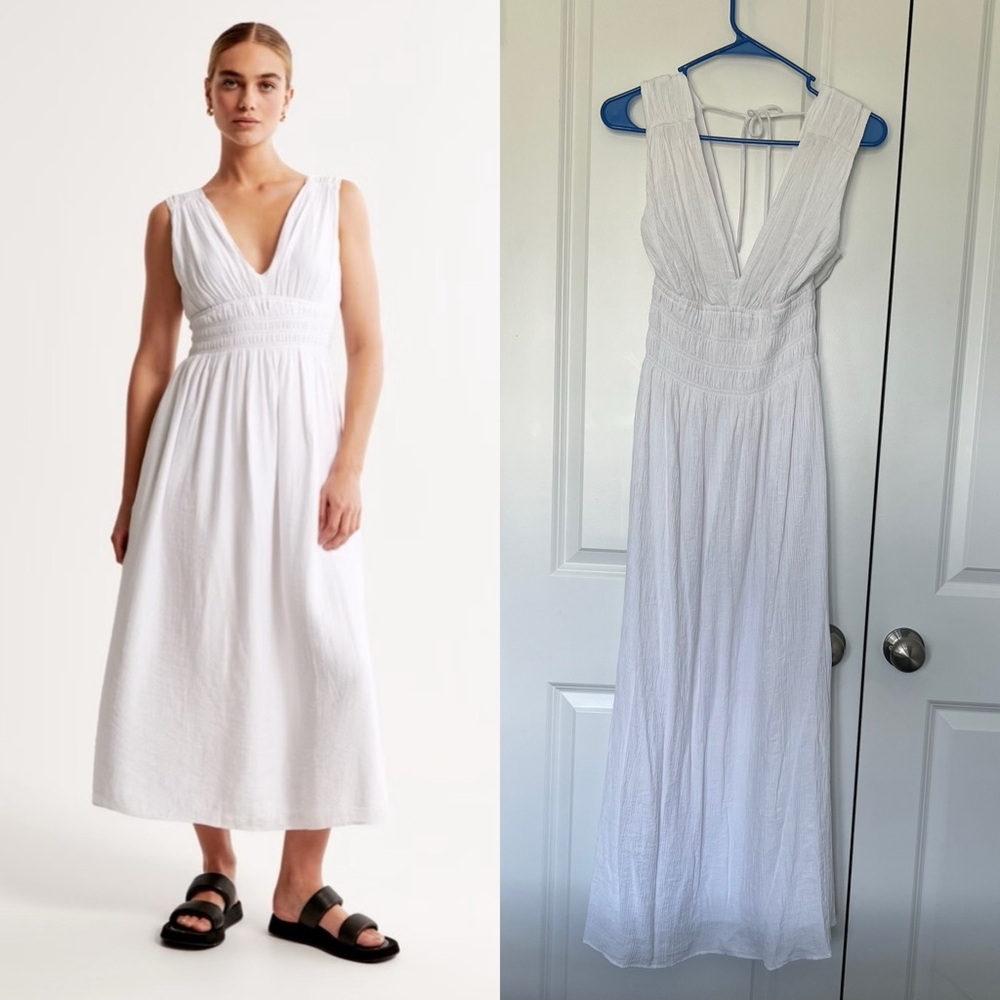 Abercrombie & Fitch White Crinkle Textured Smocked Waist Maxi Dress
